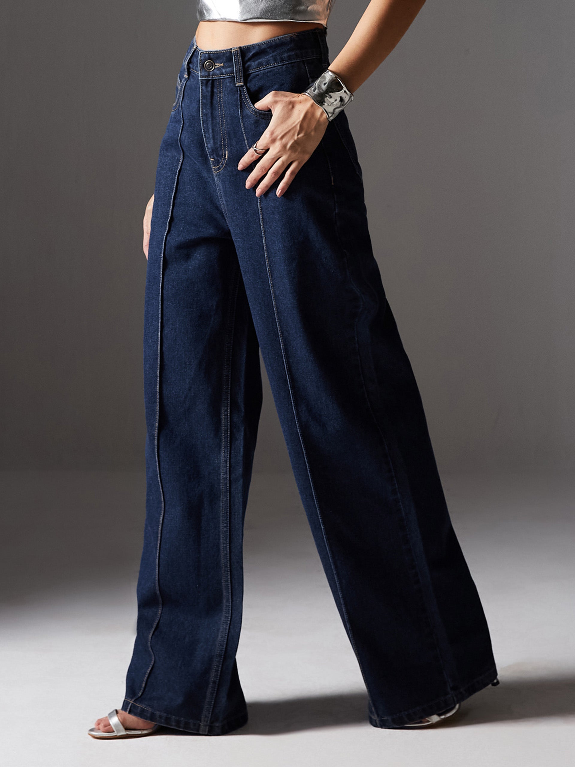Women's Navy-Blue Wide-Leg High-Rise Non-stretchable Denim Jeans