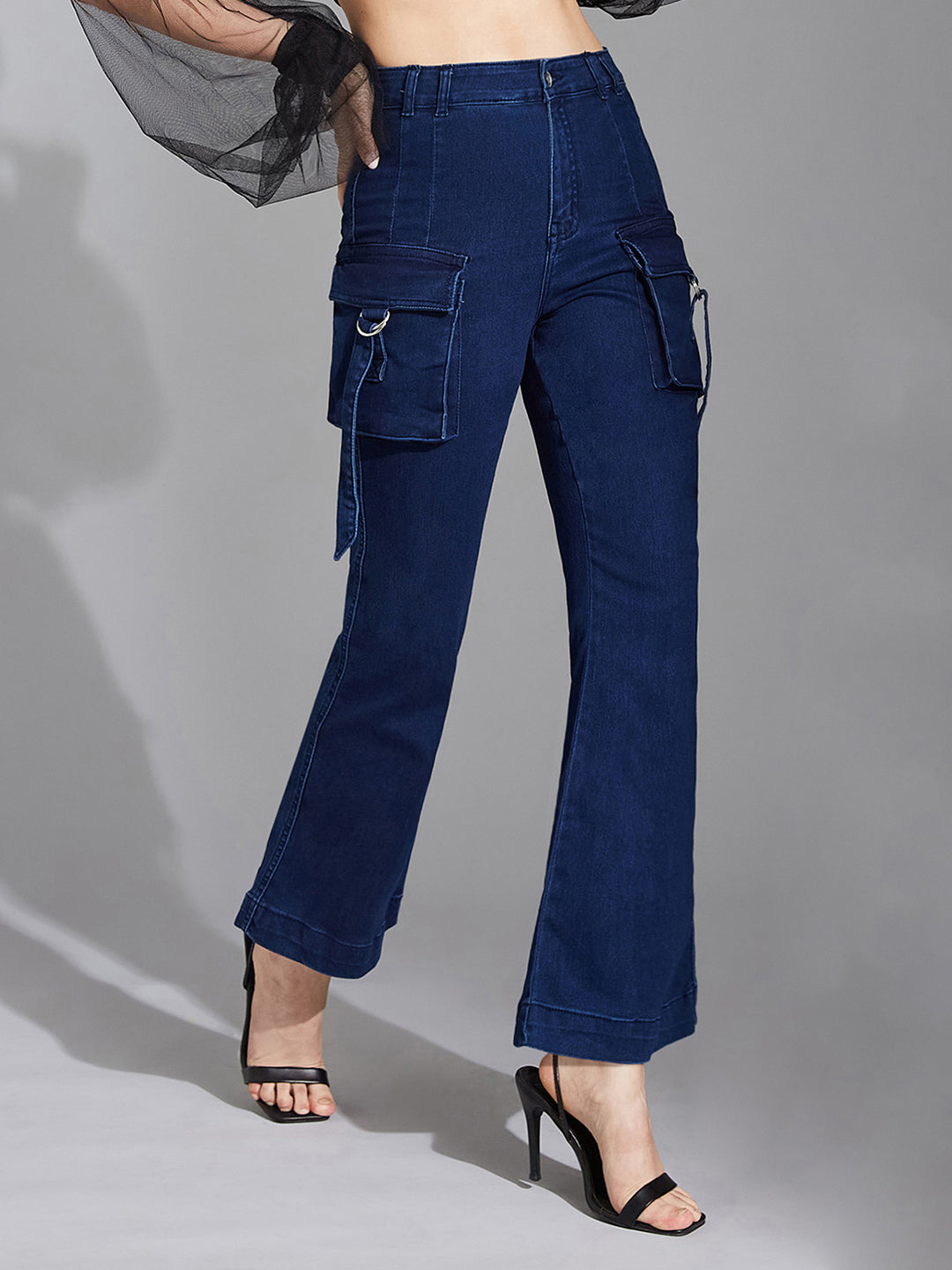 Women's Navy Blue Bootcut High-Rise Clean-Look Regular Stretchable Denim Jeans