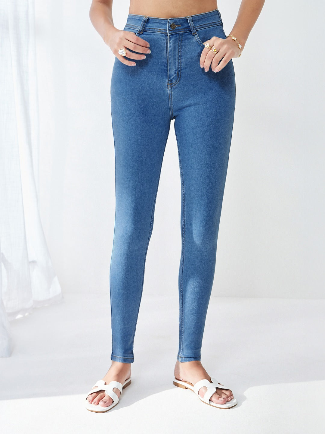 Blue Skinny High Rise Distressed Regular Length Denim Jeans for Women
