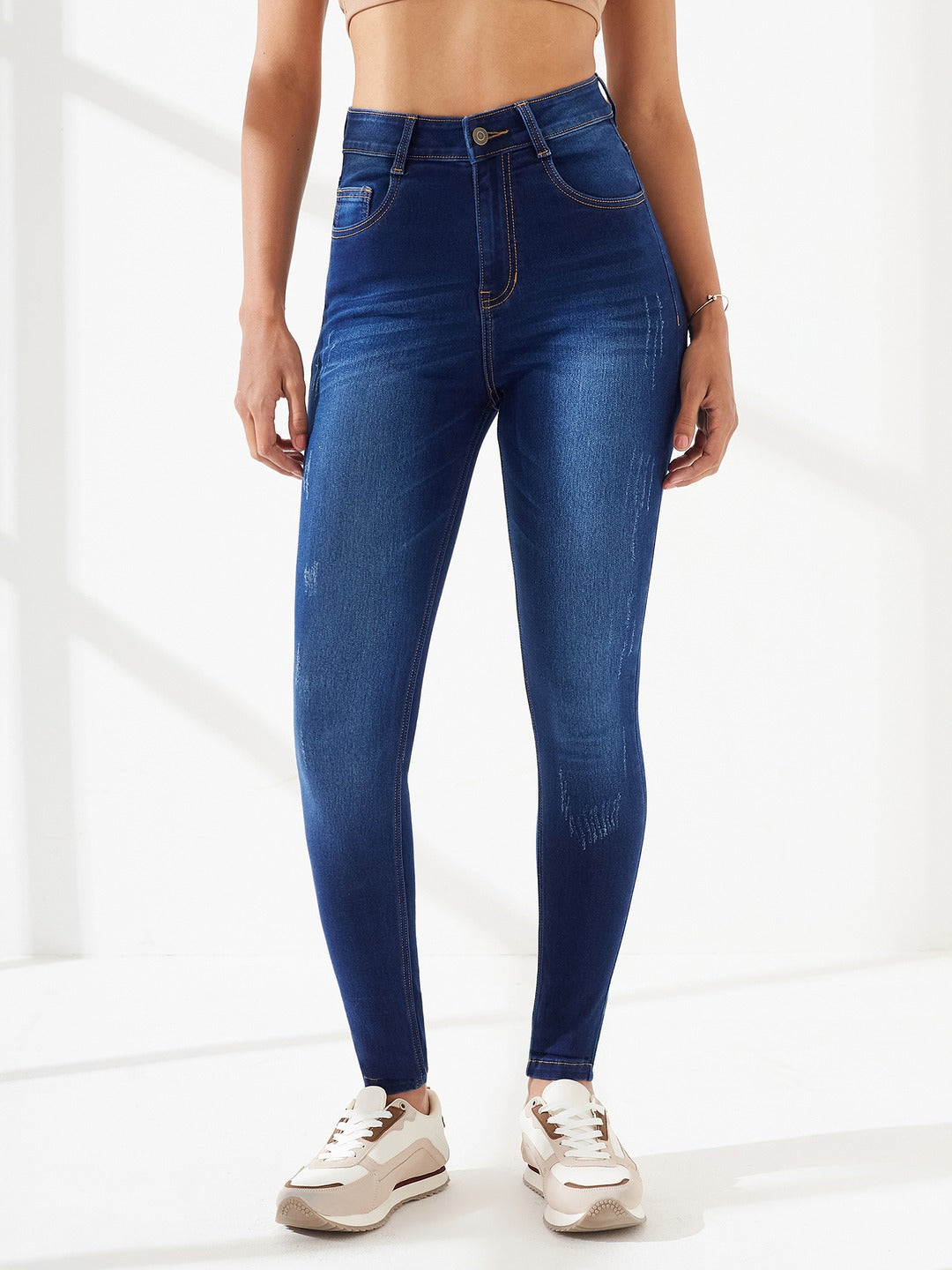 High-Rise Navy Blue Skinny Jeans with Mild Distress, Whiskering & Cat Scratch Detailing For Women