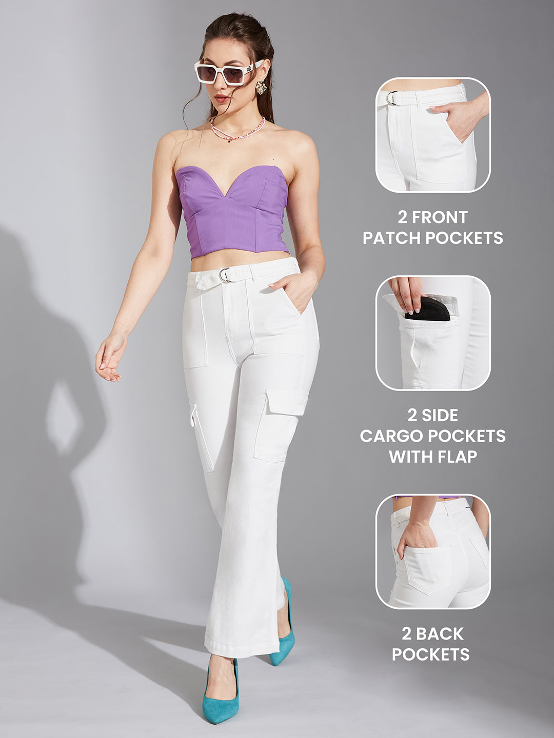 Women's White Wide-Leg High-Rise Clean-Look Regular Stretchable Denim Jeans