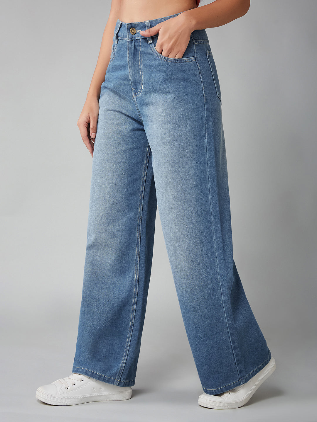 Women's Light Blue Wide-Leg High-Rise Clean-Look Regular-Length Non-stretchable Denim Jeans