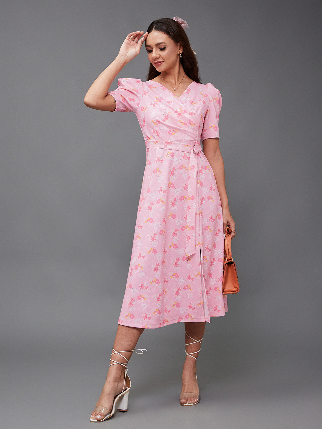 Crease Ease Women's Multicolored-Base-Pink V-neck Puff Sleeve Floral Wrap Midi Dress