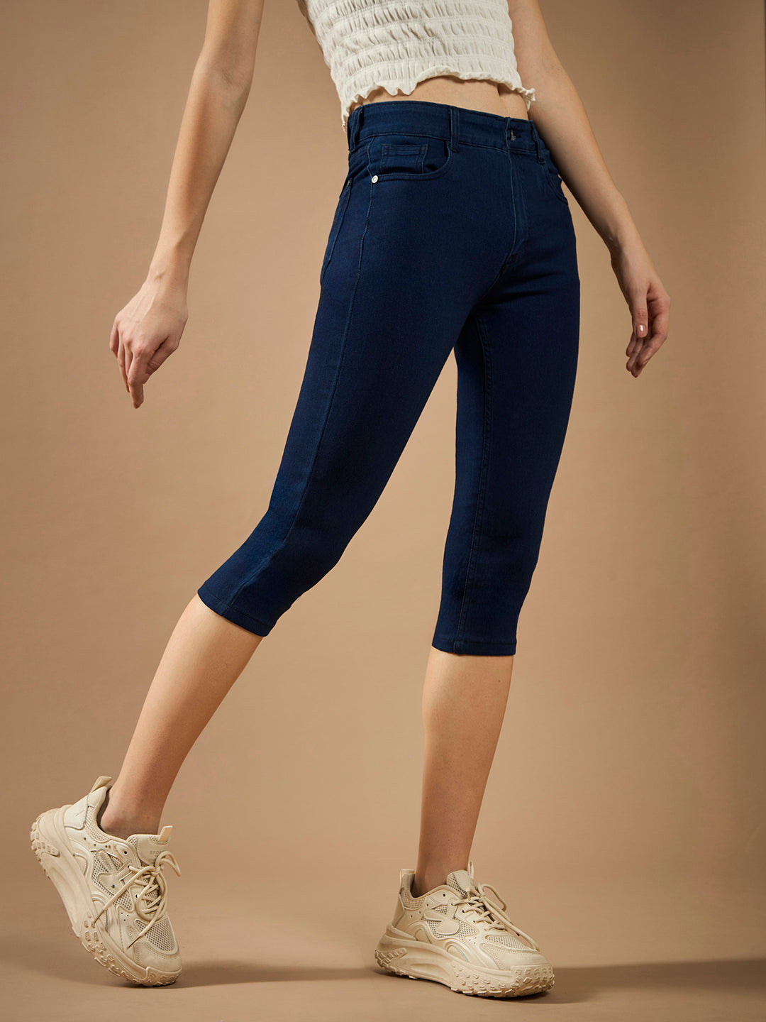 Women's Navy-Blue Skinny-Fit High-Rise Cropped-Length Clean-Look Denim Stretchable Capri Jeans