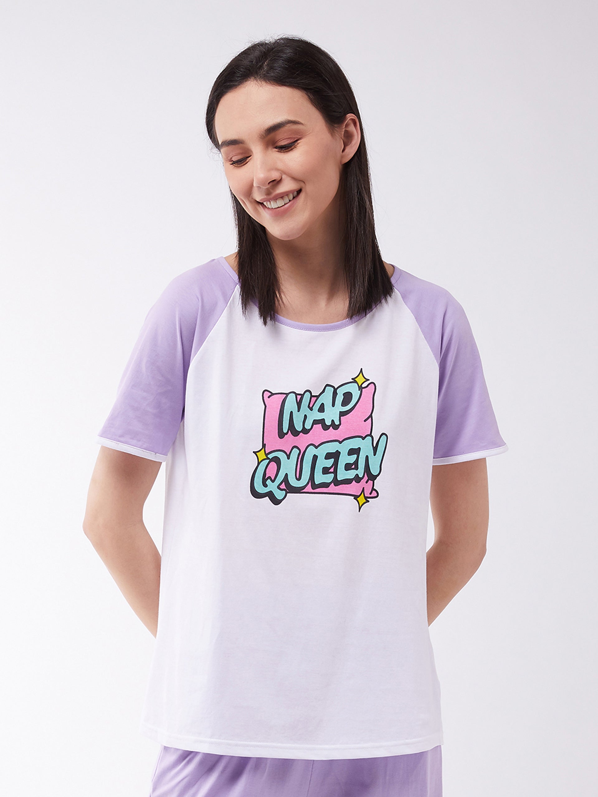 Women's White and Lilac Regular length Printed Short Sleeves Round Neck T-shirt