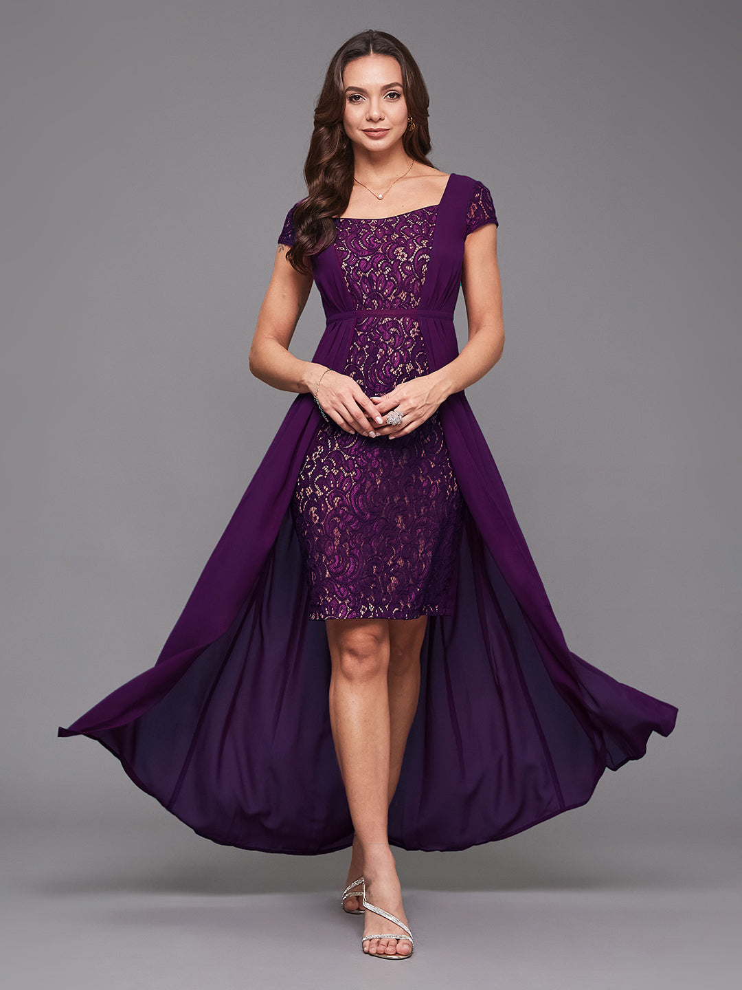 Women's Dark Purple Sweet-Heart Neck Cap Sleeve Self-Designed Pleated Georgette Maxi Dress