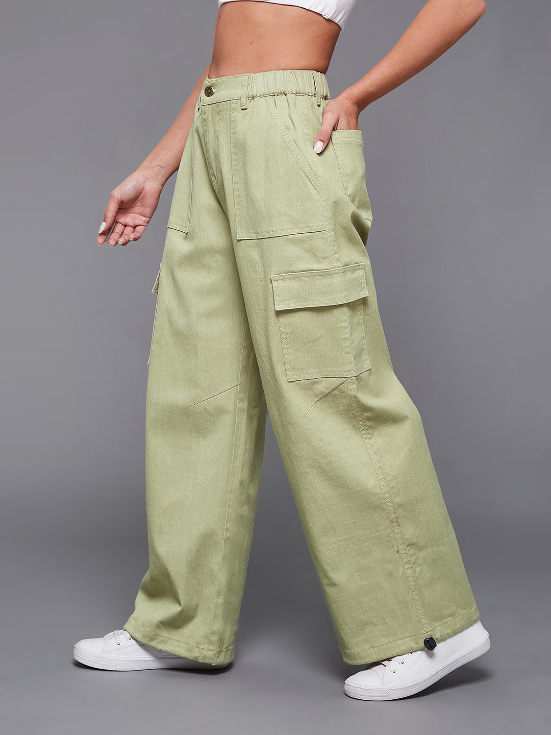 24/7 Comfort Cotton Olive Wide-Leg High-Rise Stretchable Denim Parachute Pant