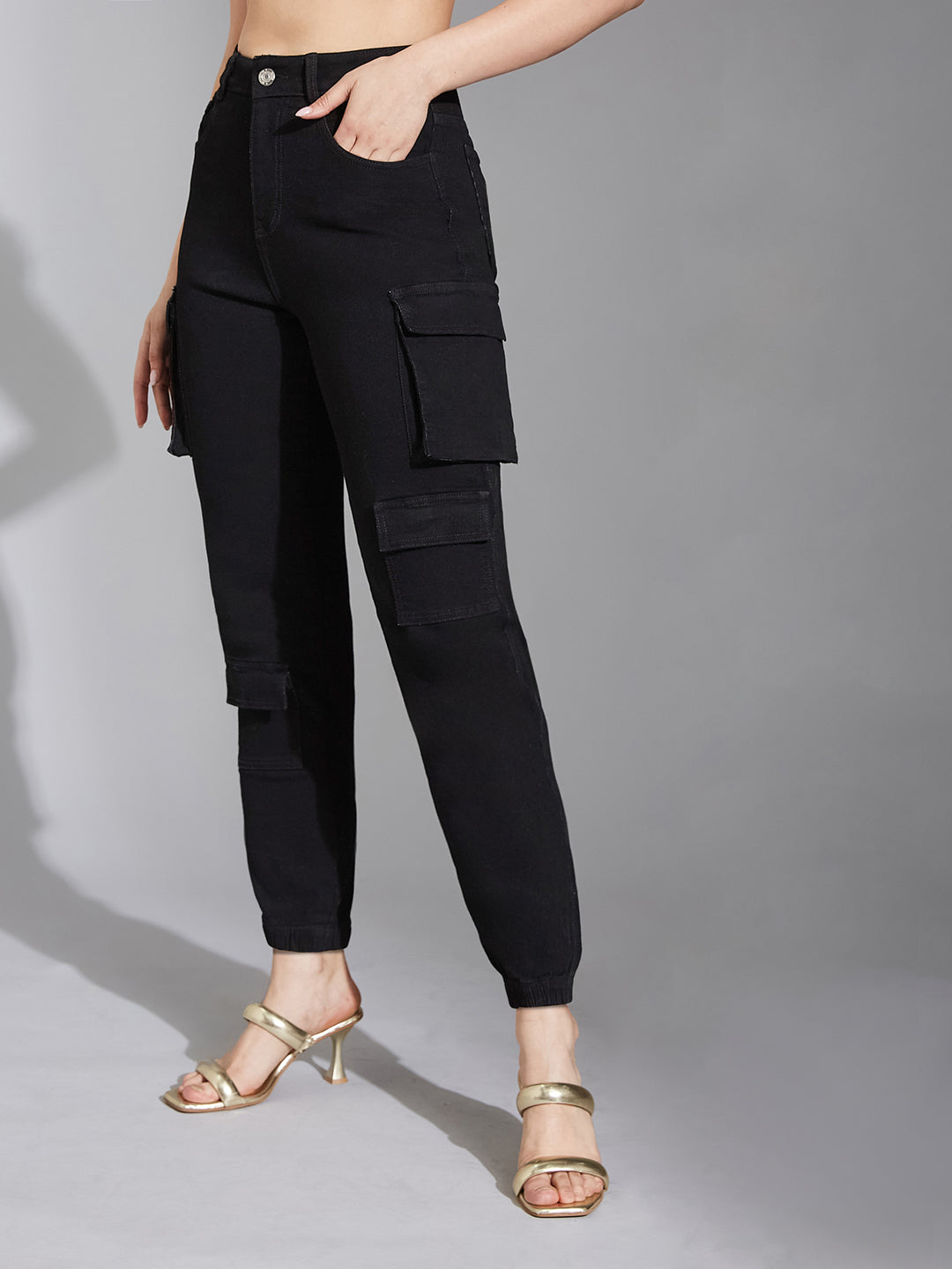 Black Regular High-Rise Regular Stretchable Denim Joggers for Women