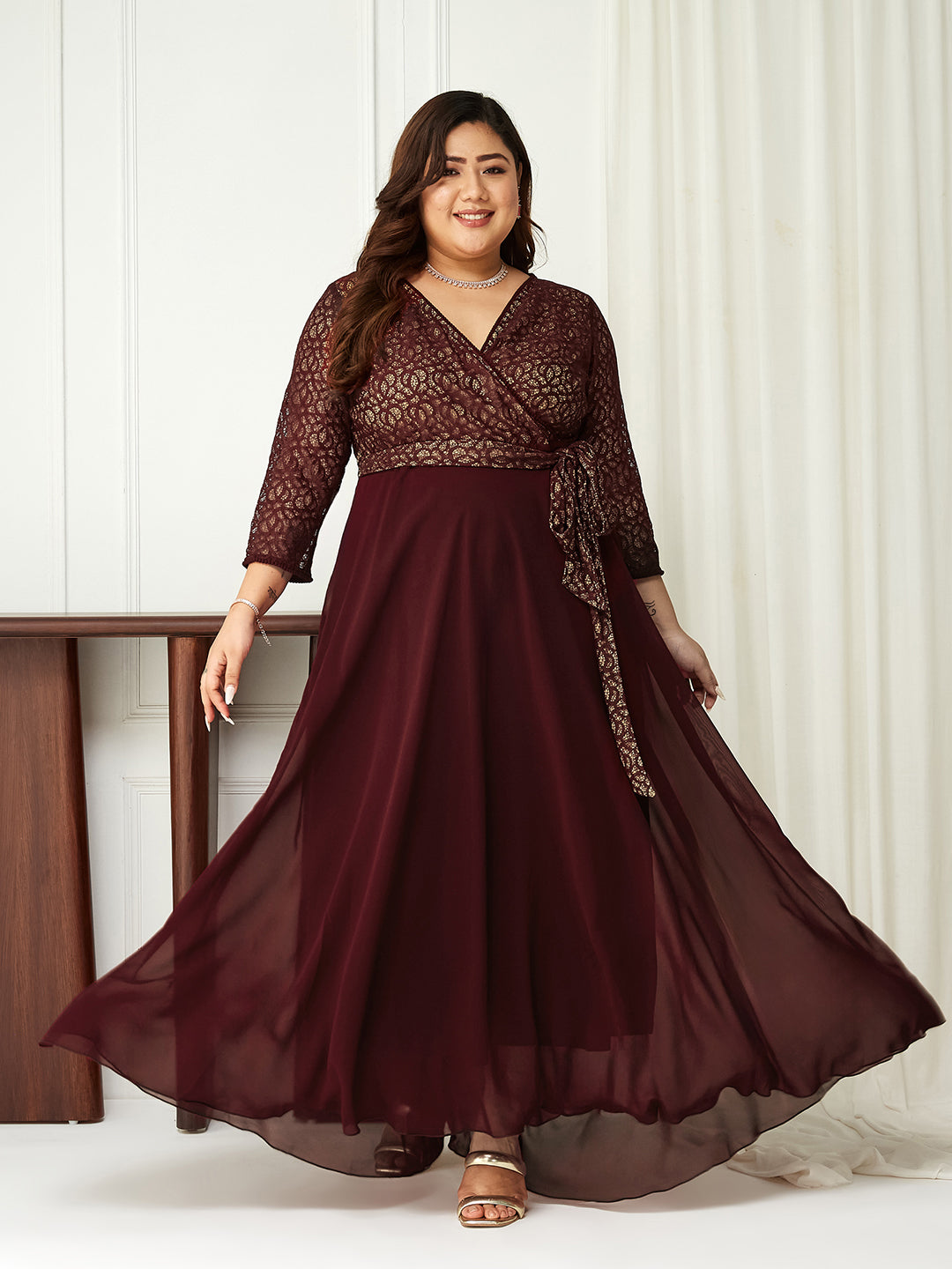Body Bliss Wine Floral Georgette Maxi Dress