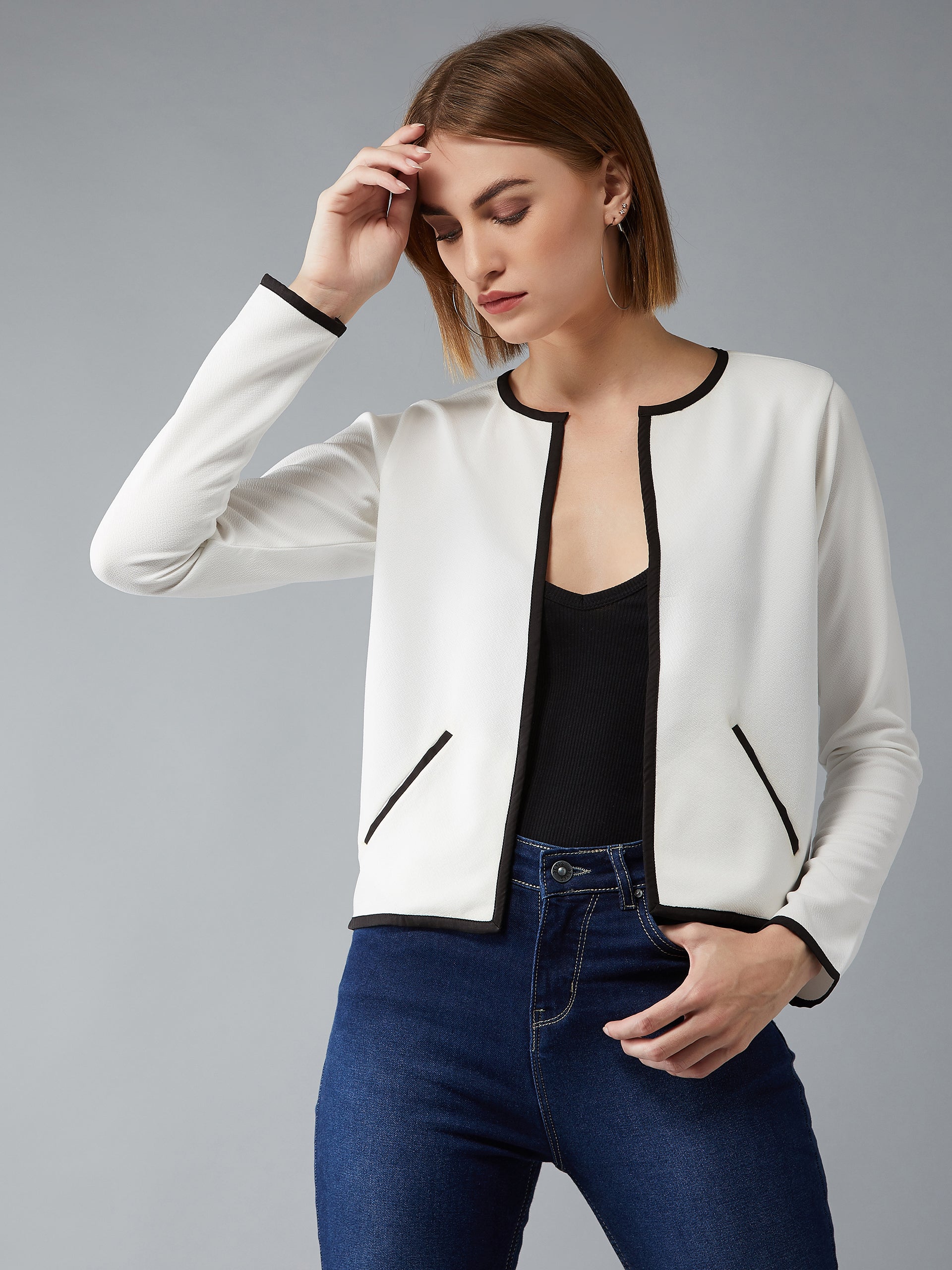Women's Off-White Round Neck Full Sleeve Solid Contrast Piping Open Front Blazer