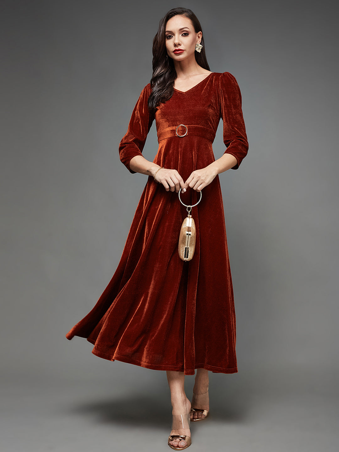 Rust V-Neck Three-Quarter Sleeve Solid Fit & Flare Midi Velvet Dress for  Women
