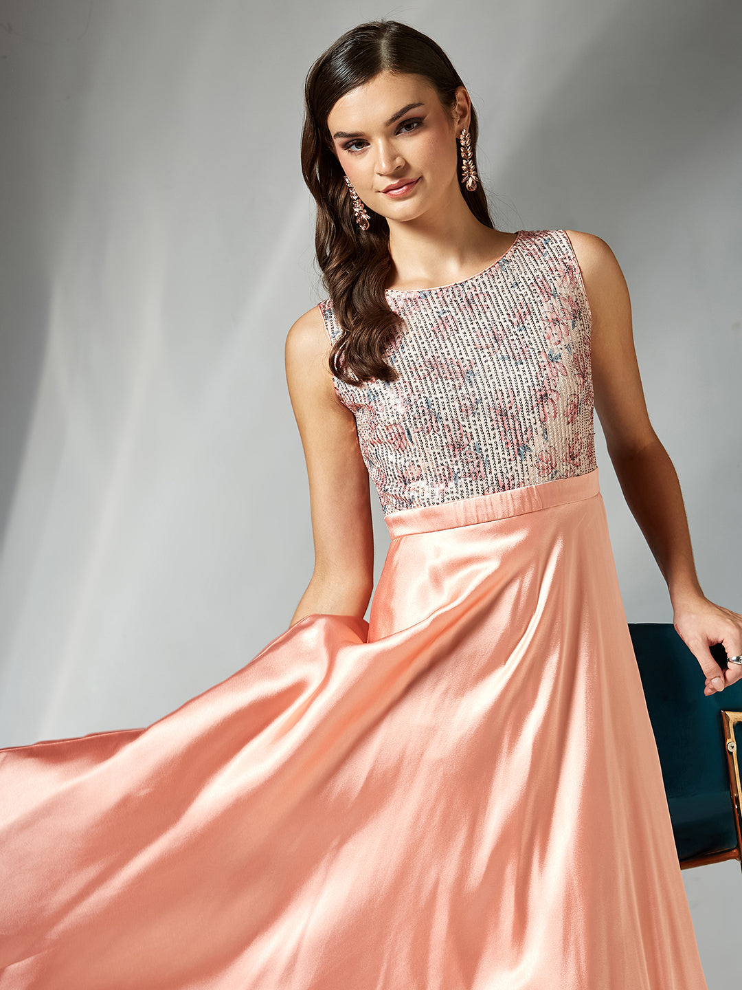 Peach Boat Neck Sleeveless Embellished Fit and Flare Maxi Dress for Women