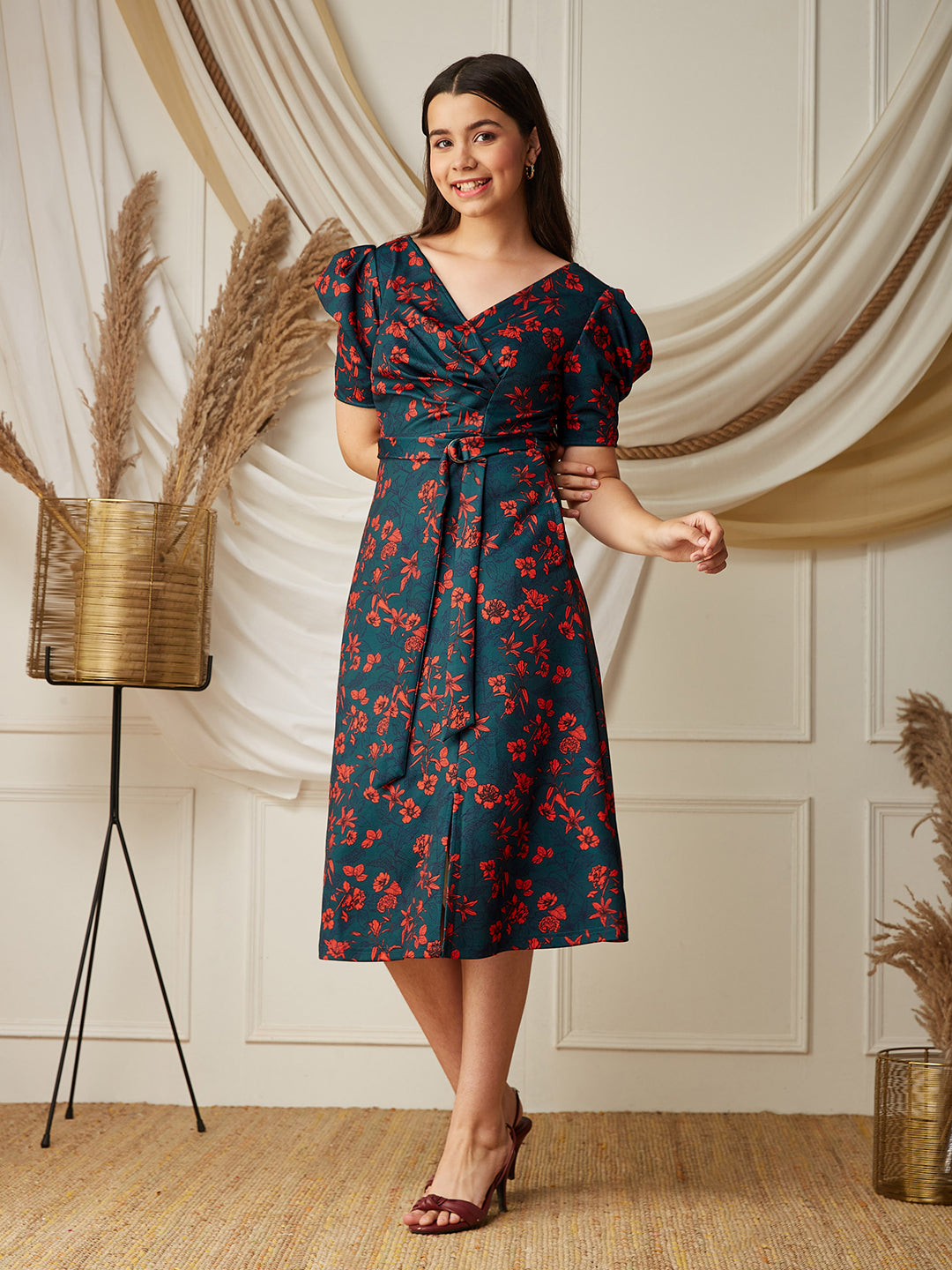 Multicolored-Base-Teal V-neck Puff Sleeve Floral Wrap Midi Dress for G Multicolored-Base-Teal V-neck Puff Sleeve Floral Wrap Midi Dress for G