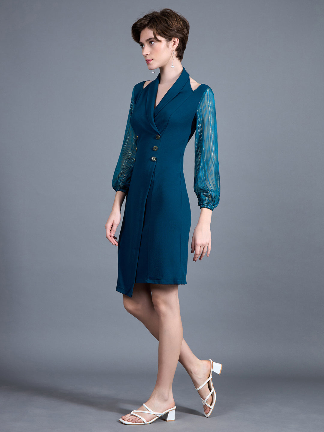 Women's Teal Shawl Collar Bishop Sleeves Solid Double Breasted Knee Length Dress