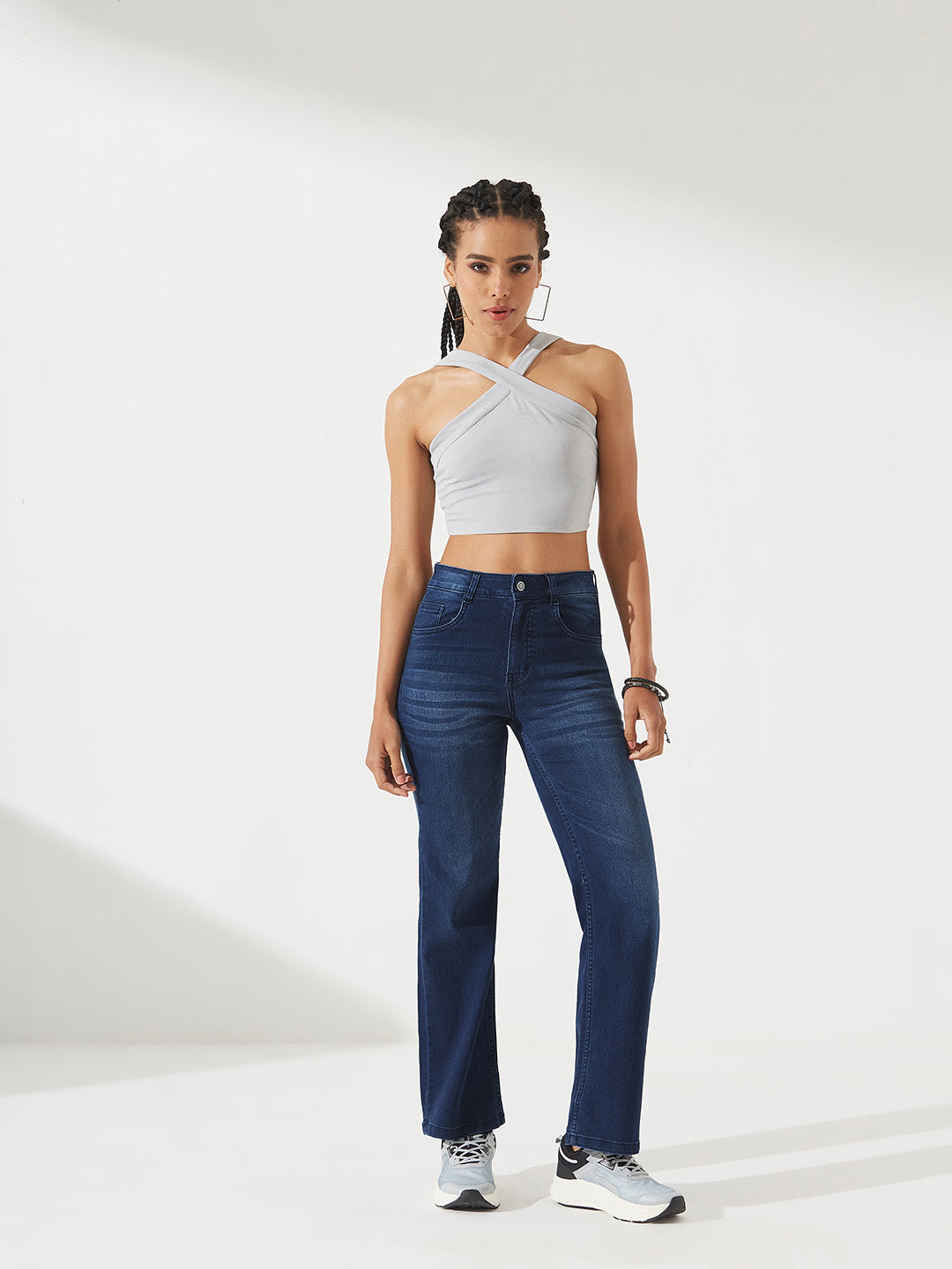 POWER STRETCH Navy Blue Straight-Fit Mid-Rise Denim Jeans For Women