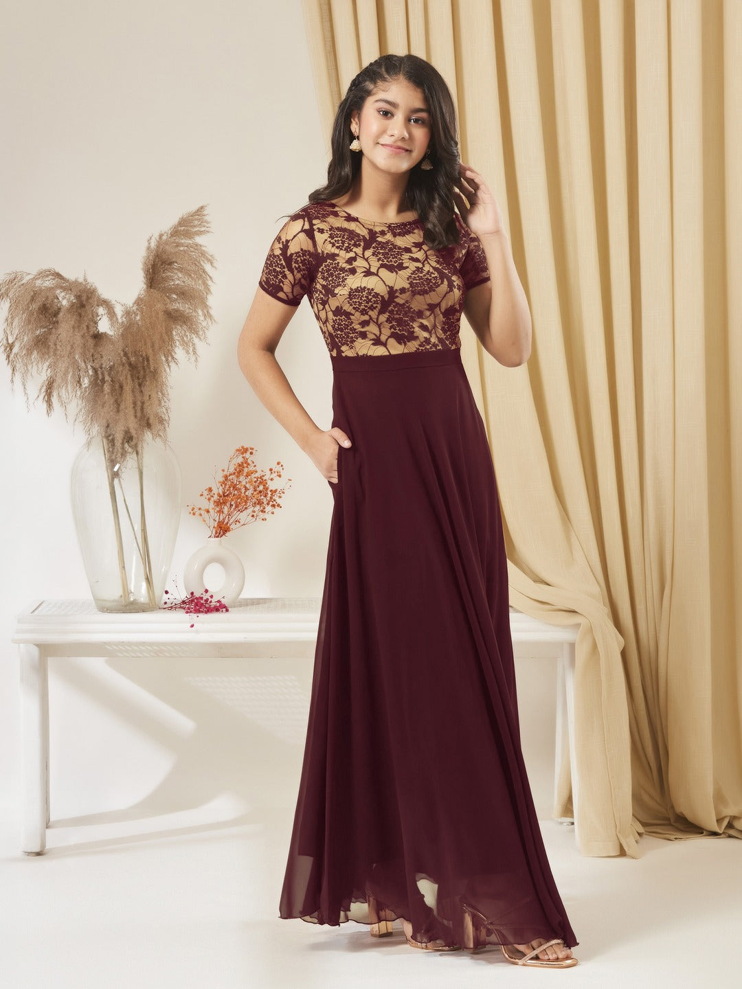 Wine & Beige Relaxed Fit Regular Georgette Dress for Girls/Teenagers
