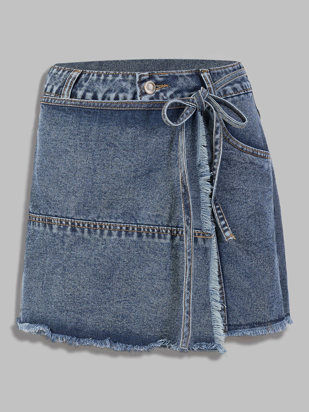 Women's Navy Blue High-Rise Mild-Distress Regular Denim Skorts