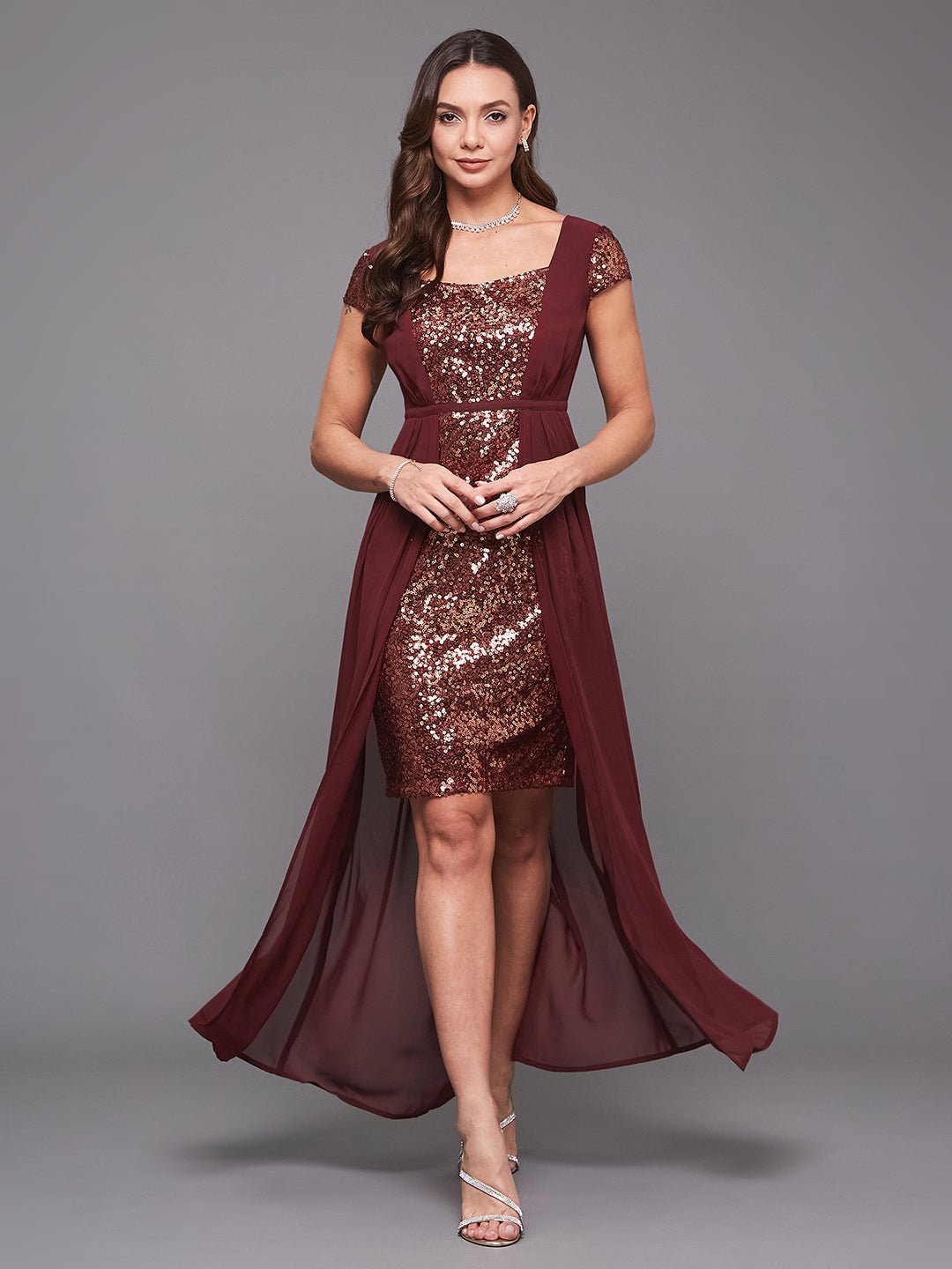 Women's Wine Sequined Fit & Flare Maxi Party Dress