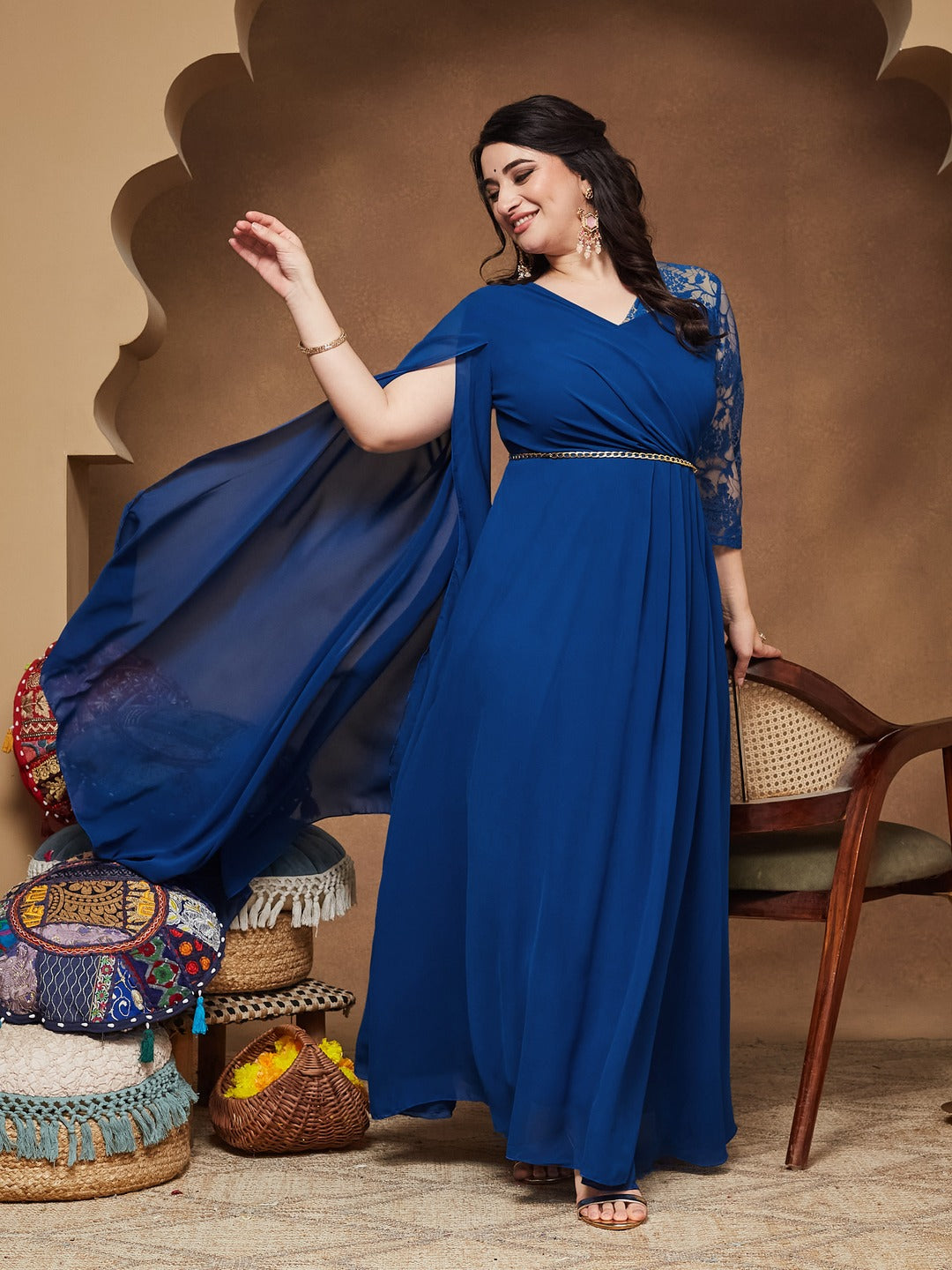 Royal Blue V-Neck Asymmetric Embellished Maxi Georgette Dress for Women