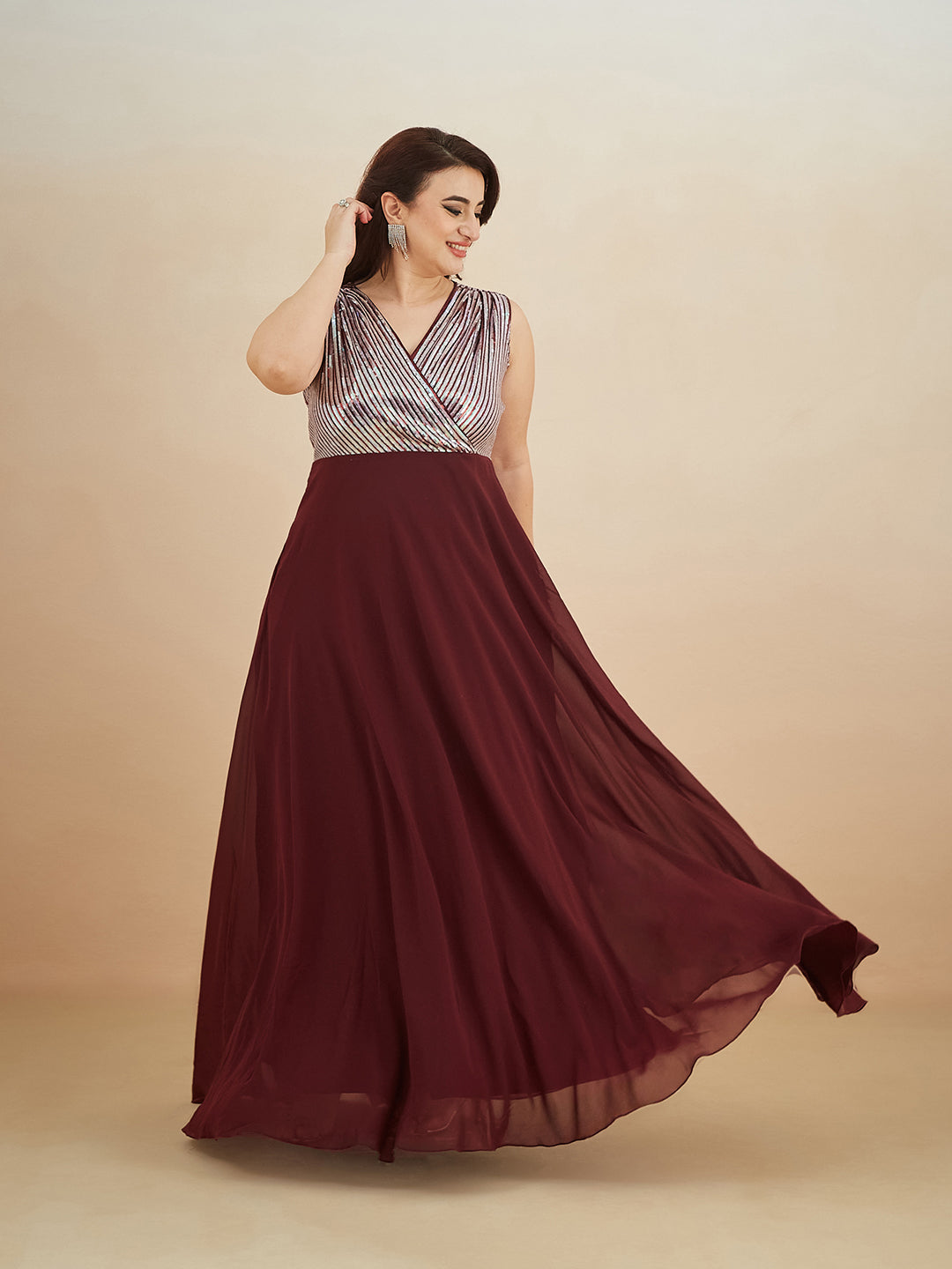 Wine V-Neck Sleeveless Embellished Wrap-Styled Maxi Georgette Dress for Women