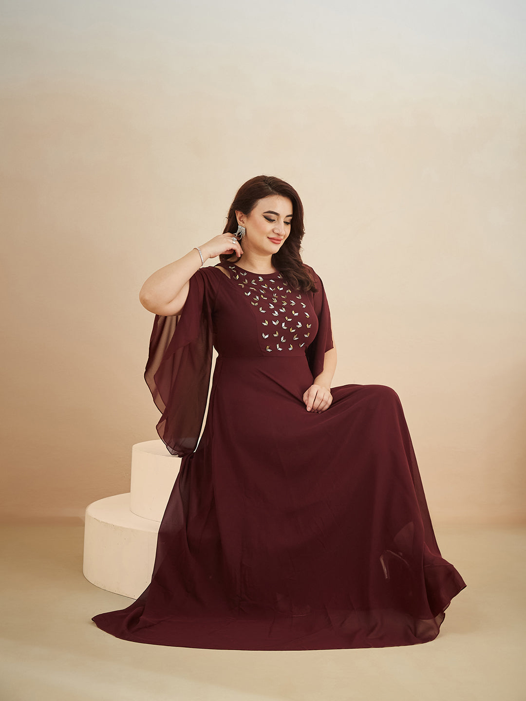 Wine Solid Relaxed Fit Round Neck Flared Sleeve Maxi Dress for Women