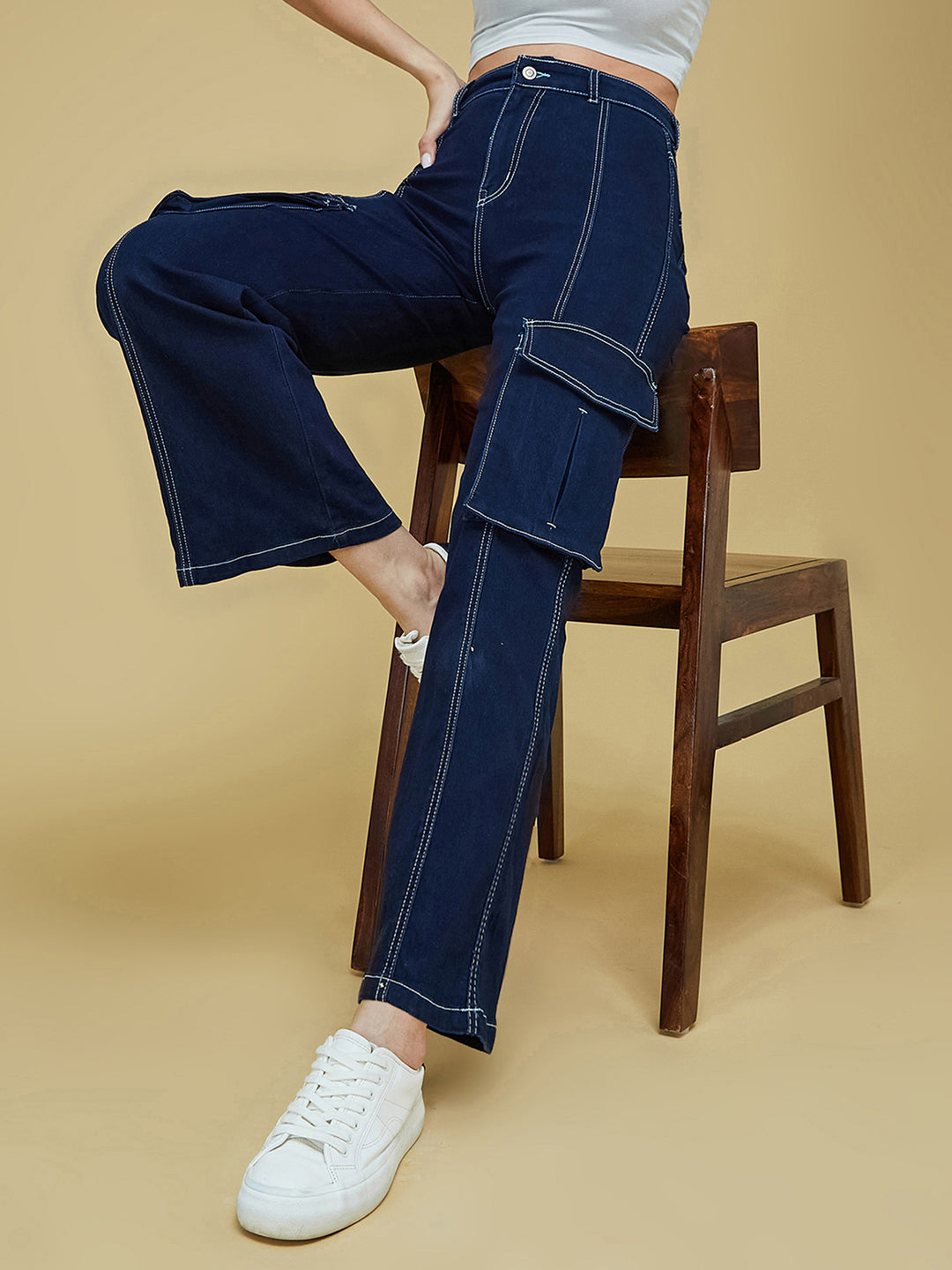 Women's Navy Blue Wide-Leg High-Rise Clean-Look Regular Stretchable Denim Jeans