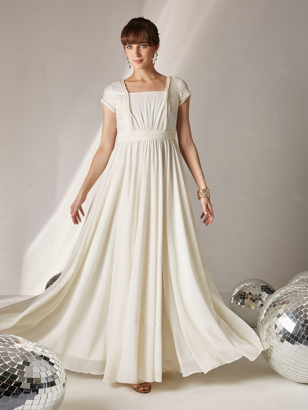 Off White Square Neck Frilled Self Designed Panelled Georgette Maxi Dress for Women