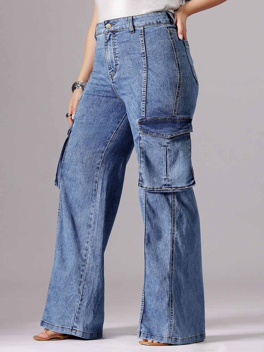 24/7 Comfort Blue Wide-Leg High-Rise Clean-Look Regular-Length Stretchable Patch-Pocketed Denim Jeans