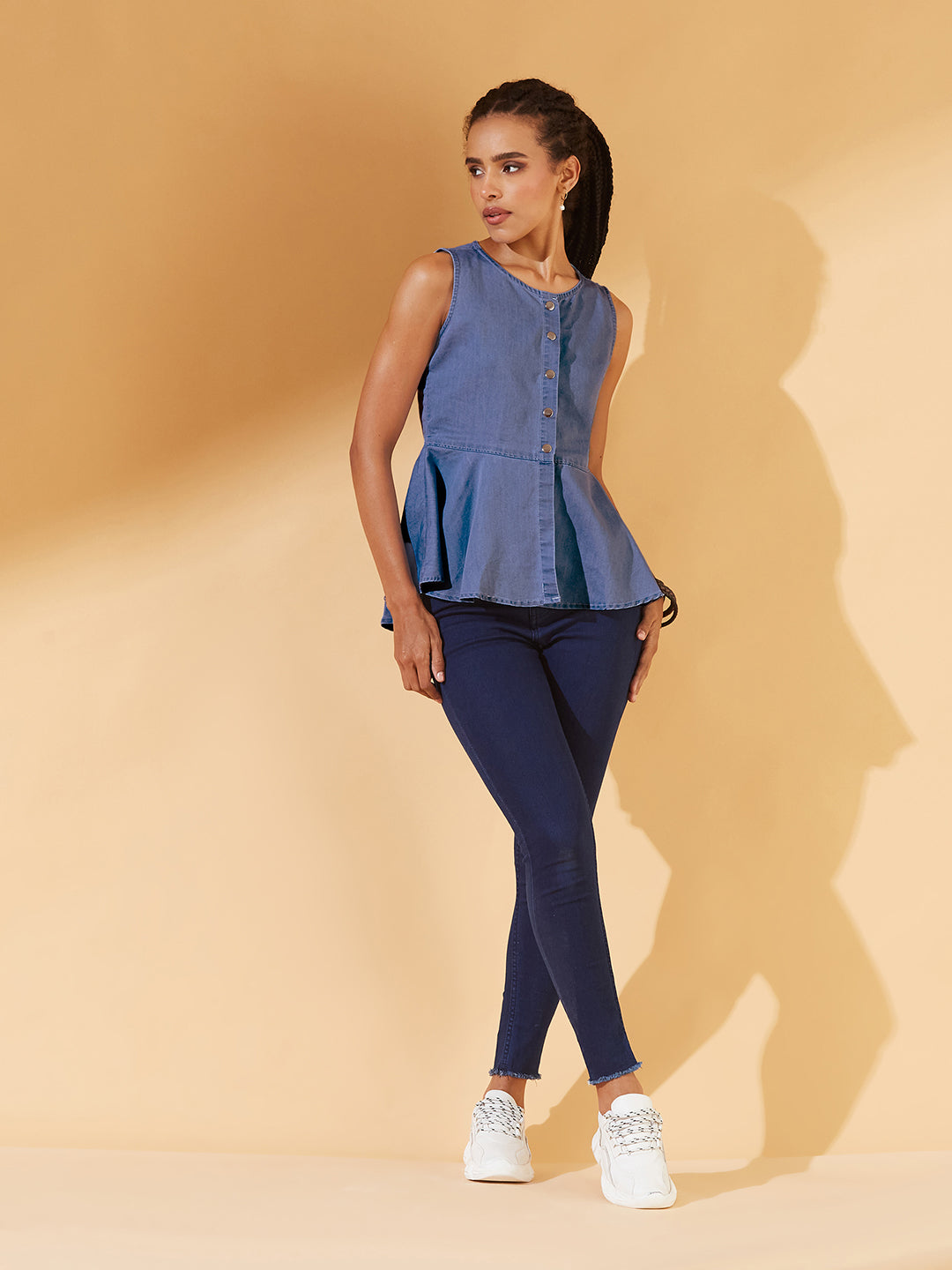 Blue Round Neck Sleeveless Denim Front Open Solid Hooded Peplum Top for Women