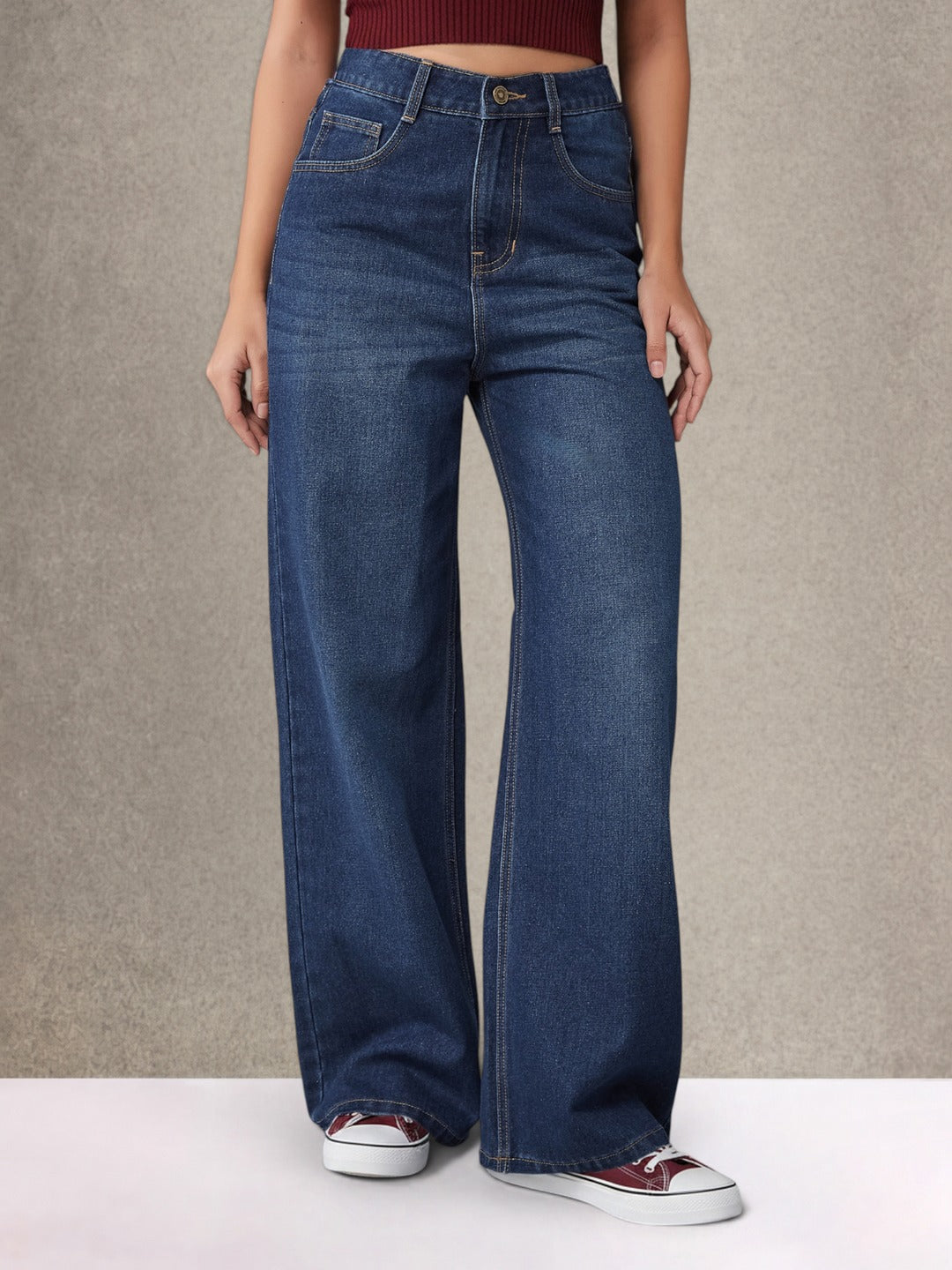Navy Blue Wide-Leg High-Rise Denim Jeans for Women