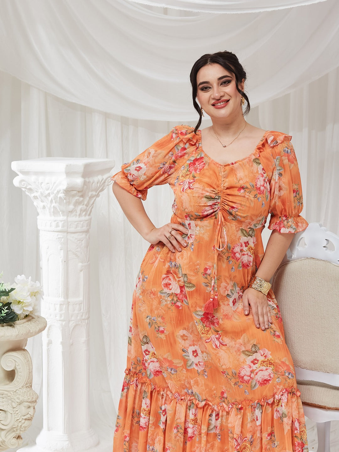 Orange V-Neck Puff Sleeve Floral Ruching Ankle-Length Dress for Women