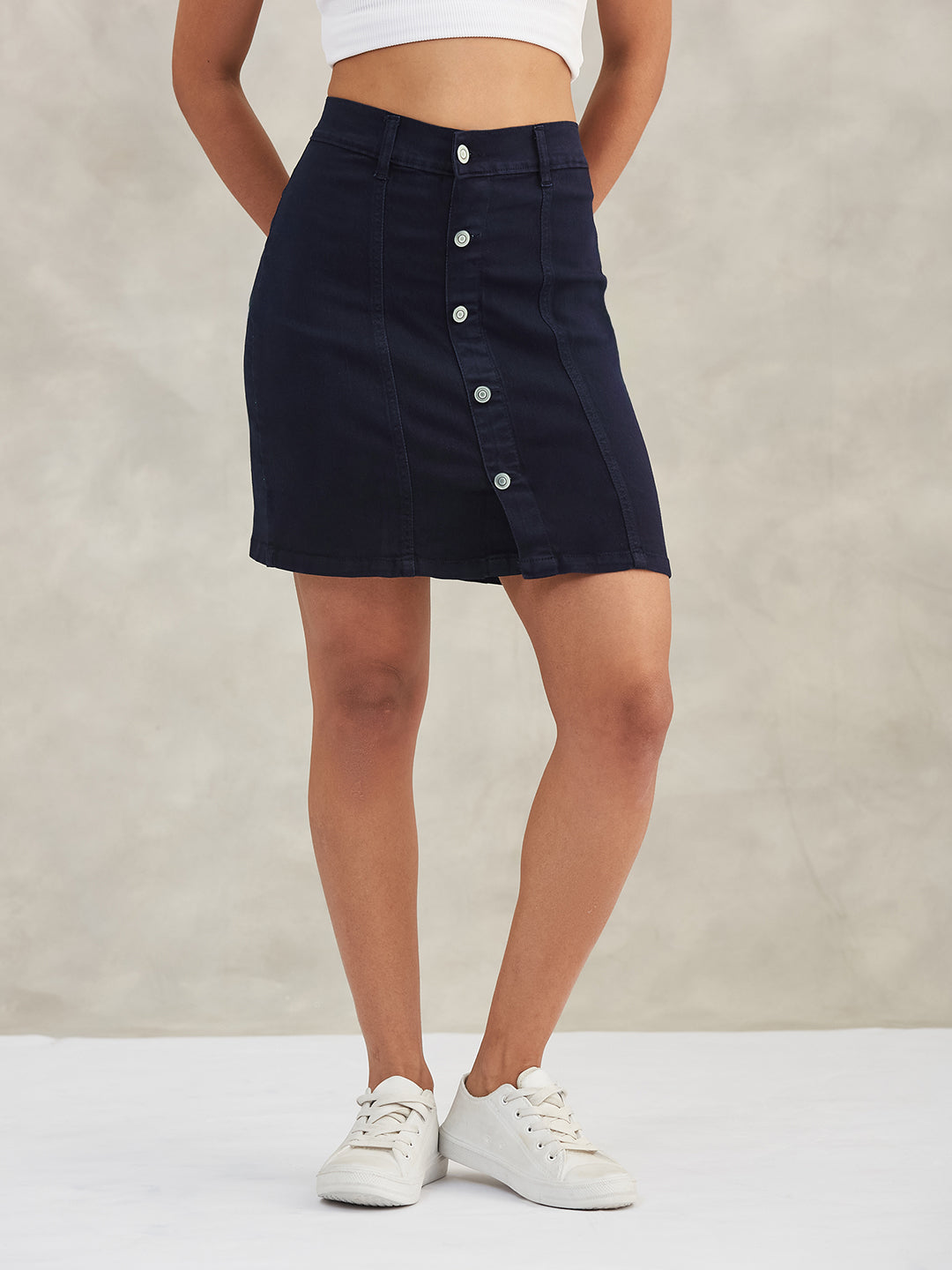 Women's Navy Blue Stretchable Solid A-line Mini Denim Skirt