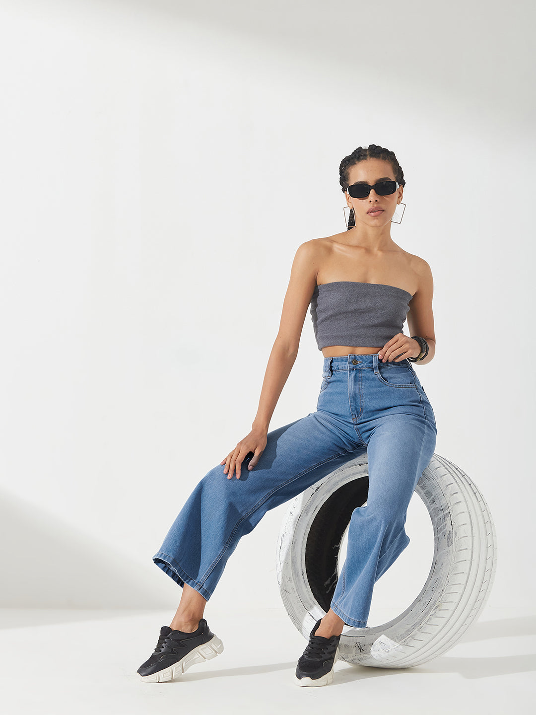Light-Blue Wide-Leg High-Rise Clean-Look Non-stretchable Denim Jeans for Women