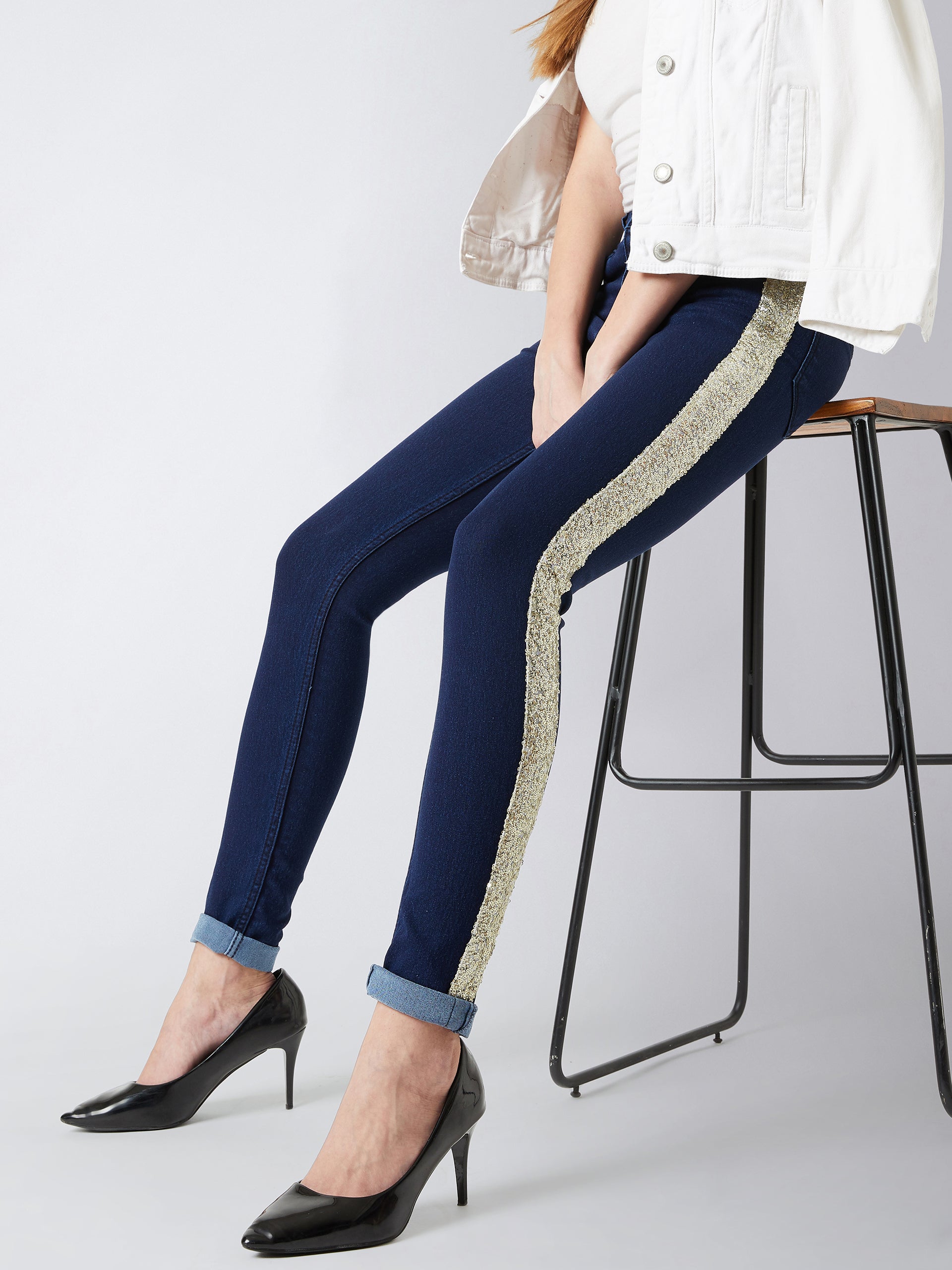 Women's Navy-Blue Skinny Mid-Rise Clean-Look Glitter Denim Jeans Pant