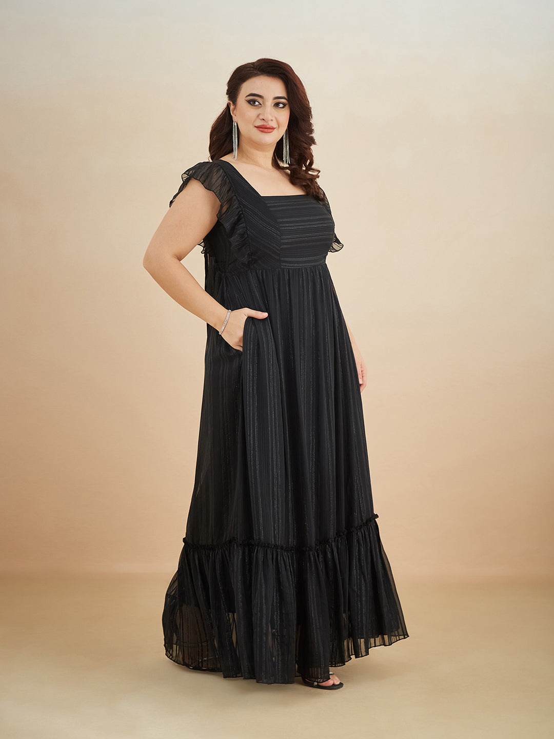 Black Square Neck Layered Ruffles Sleeve Floral Patterned Tiered Maxi Georgette Dress for Women