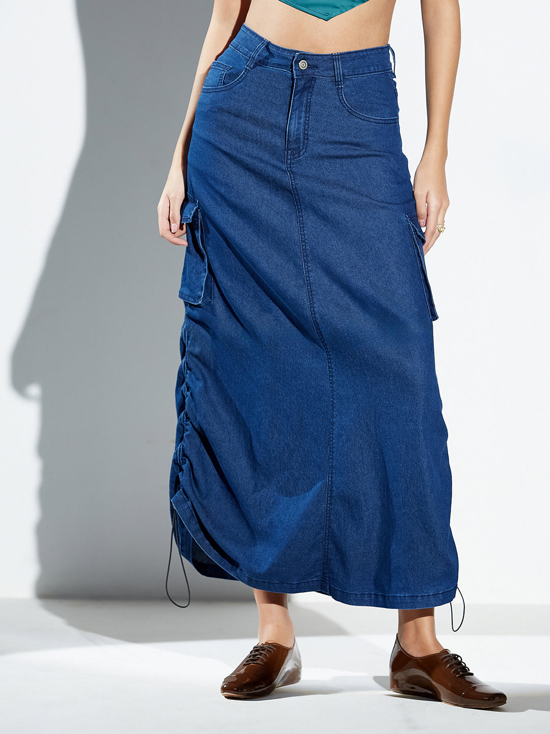 Navy Blue Baggy High-Rise Ruched Parachute Stretchable Denim Midi Skirt For Women