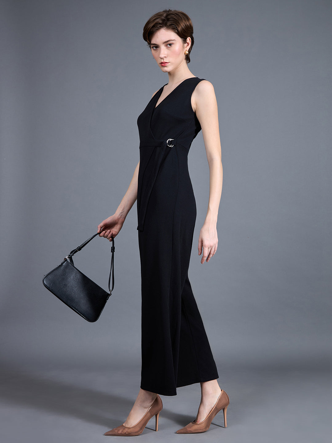 Women's Black V-Neck Sleeveless Solid Wrap Regular-Length Polyester Jumpsuit