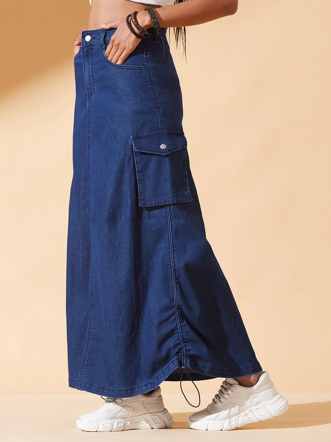 Navy-Blue Baggy High-Rise Ruched Parachute Stretchable Denim Midi Skirt for Women