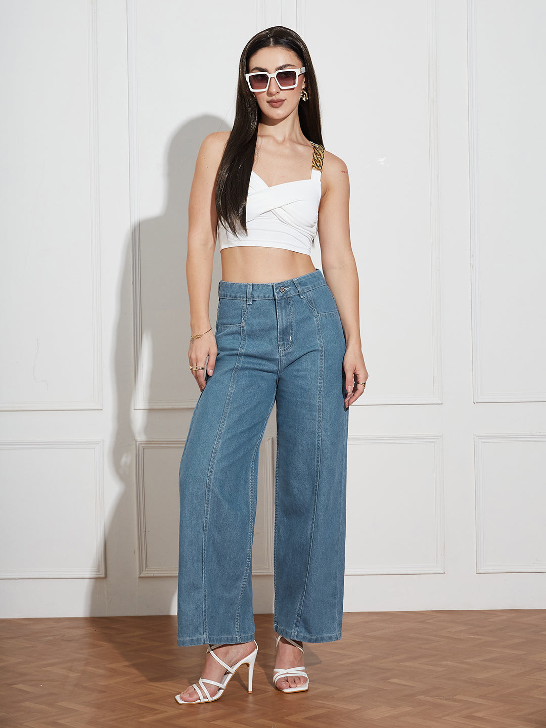 Blue Wide-Leg High-Rise Denim Jeans For Women