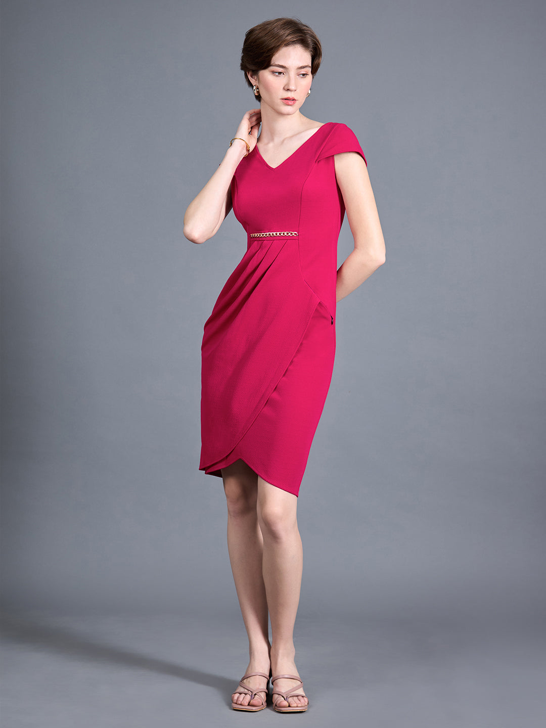 Women's Pink Solid V Neck Cap Sleeves Polyester Side Pocketed Knee Long Dress