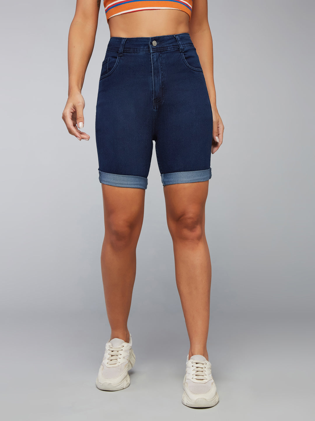 Women's Navy Blue Skinny High-Rise Stretchable Denim Shorts