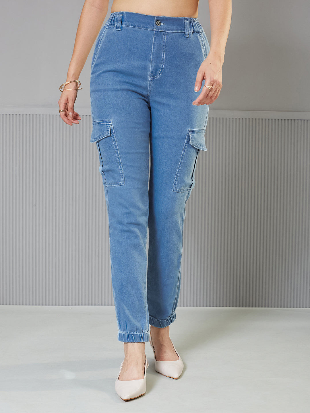 Light-Blue Regular High-Rise Regular Stretchable Light Weight Denim joggers for Women