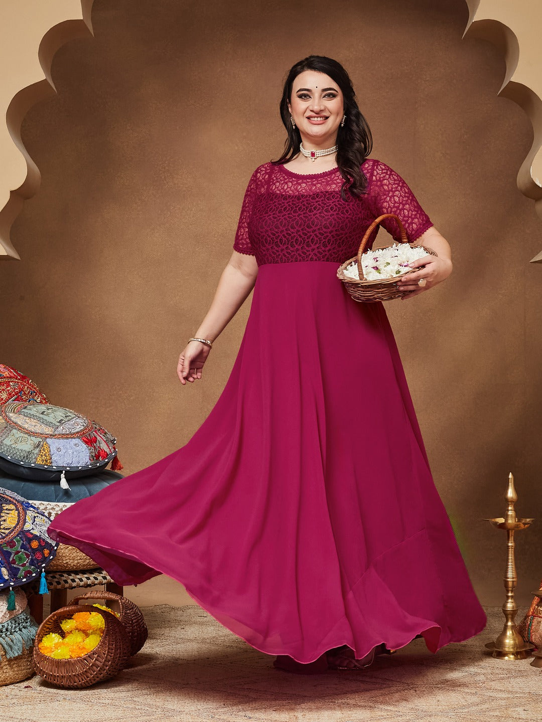 Dark Pink Round neck Half Sleeve Solid Lace Overlaid Maxi Dress for Women
