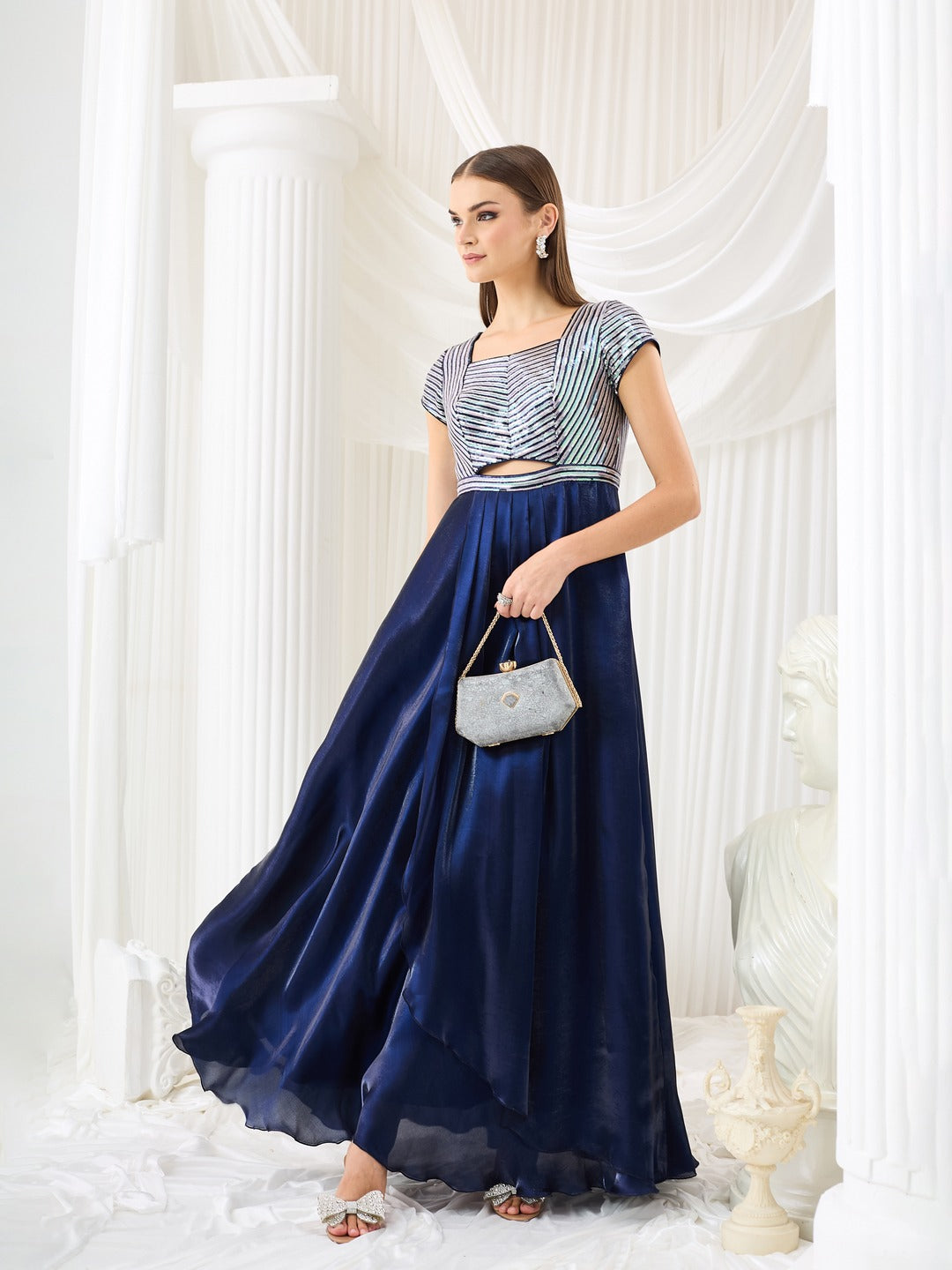 Navy Blue Sweetheart Embellished Gown in Premium Pleated Satin for Women