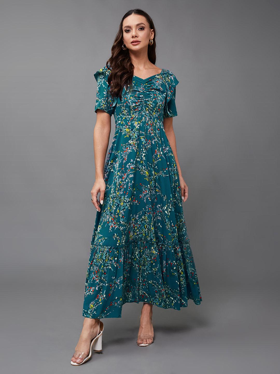 Women's Multicolored-Base-Turquoise Sweet-Heart Neck Half Sleeve Floral Ruching Crepe Midi Dress