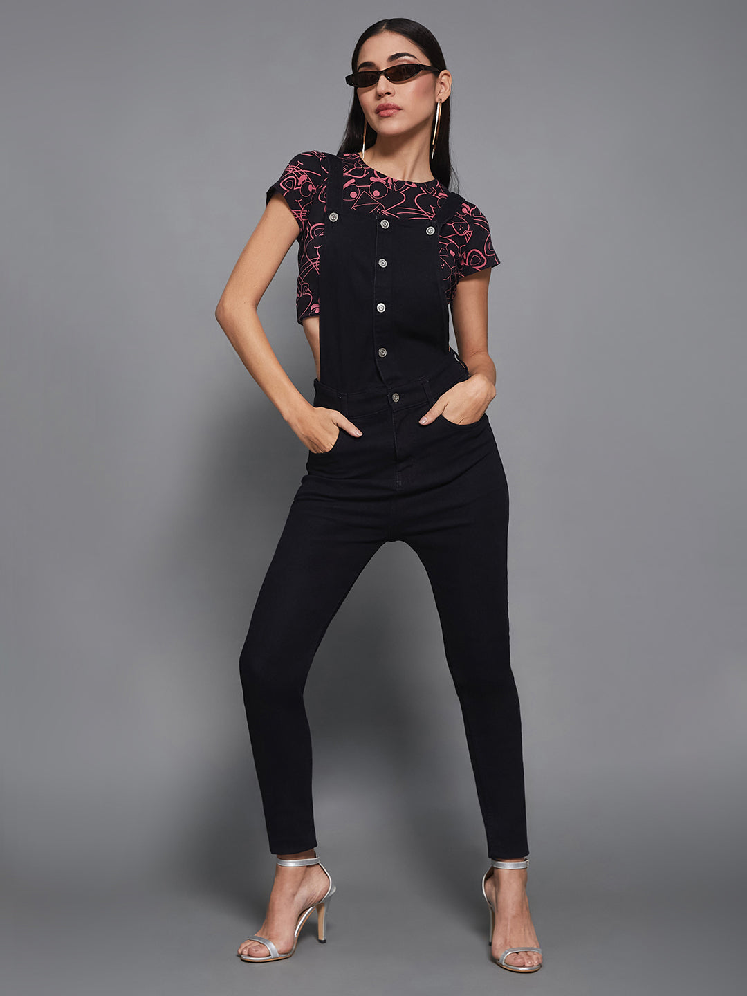Women's Black Skinny High-Rise Clean-Look Regular Stretchable Denim Dungaree