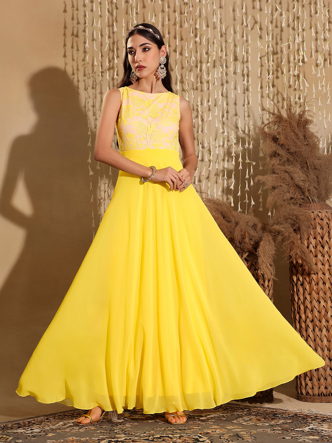 Women's Light Yellow Round Neck Sleeveless Georgette & Lace Floral Fit & Flare Maxi Dress