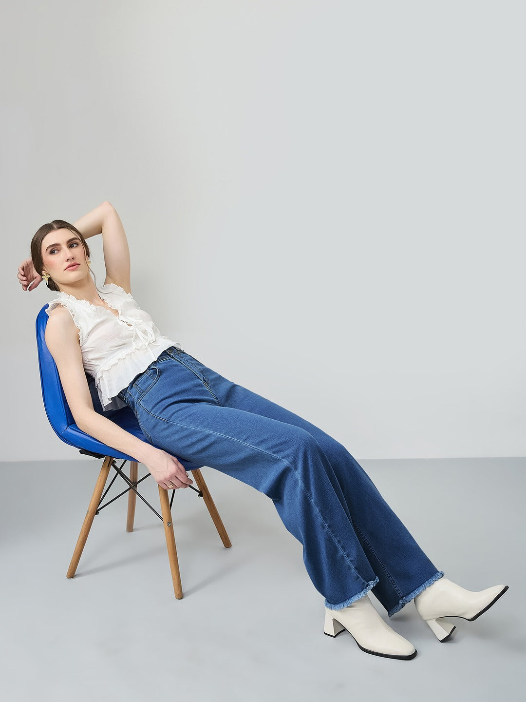 Mid Blue Wide-Leg High-Rise Stretchable Denim Jeans for Women