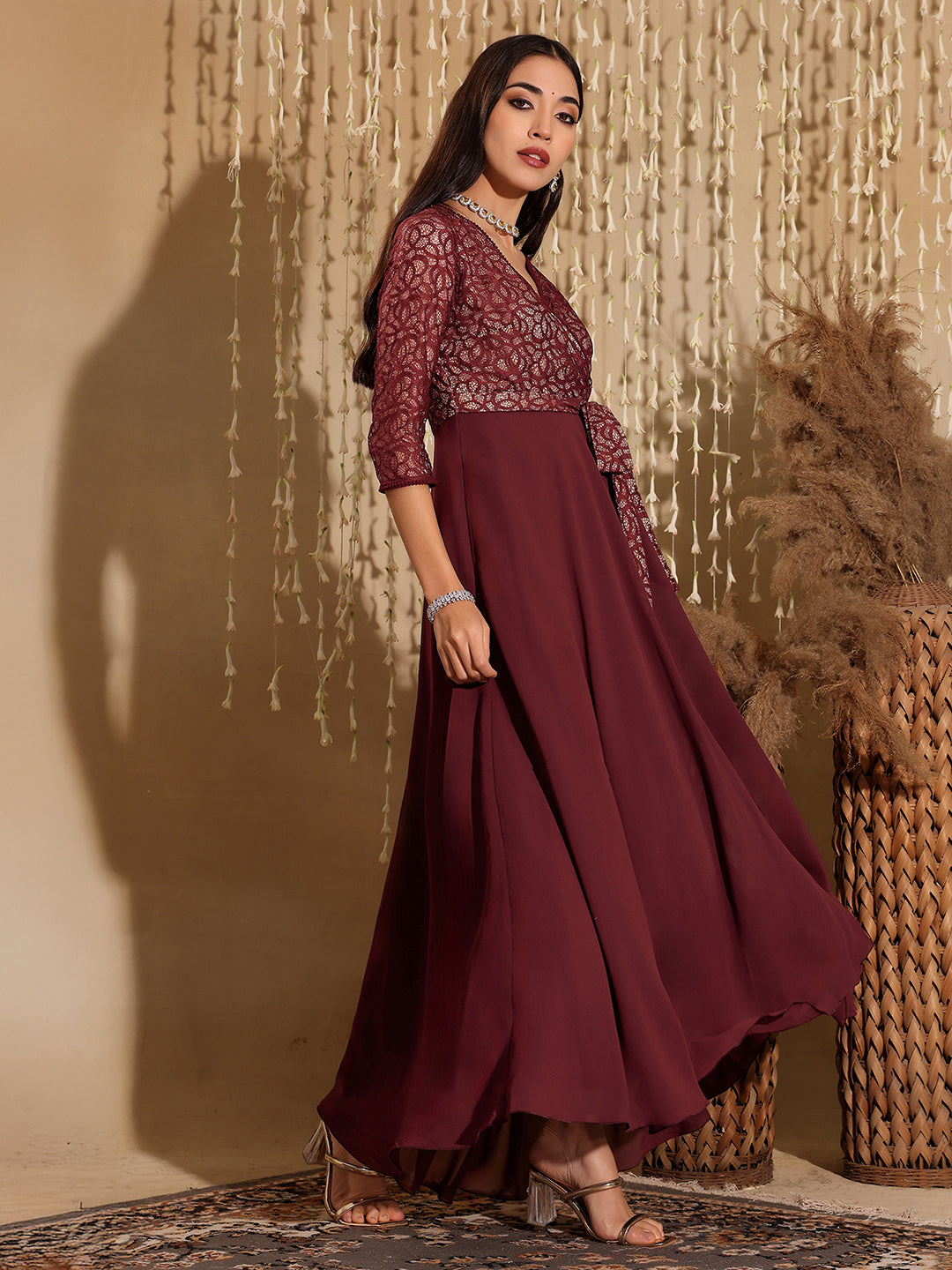 Women's Multicolored V-Neck Bishop Sleeve Bohemian Patterned Straight Leg Wrap Regular Silk Jumpsuit