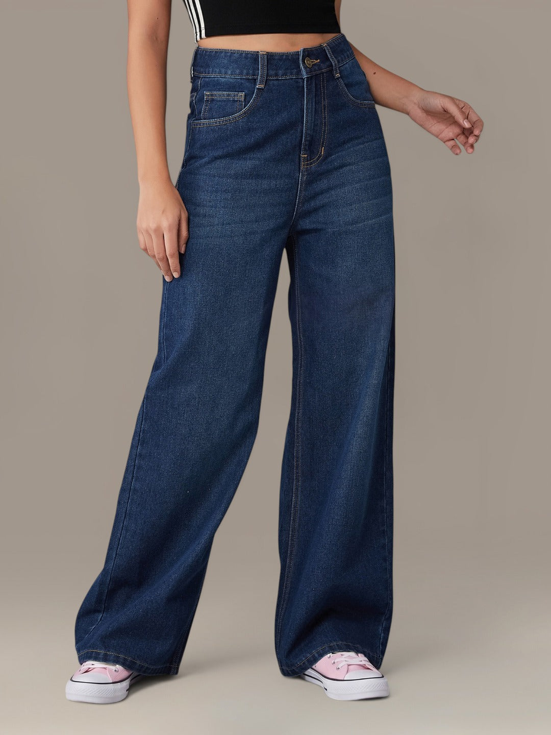 Navy Blue Wide-Leg High-Rise Denim Jeans for Women